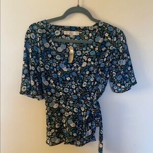 LOFT Women's Floral Blue Top Kimono Floral Wrapped XSP NWT Blue Ruffle Feminine